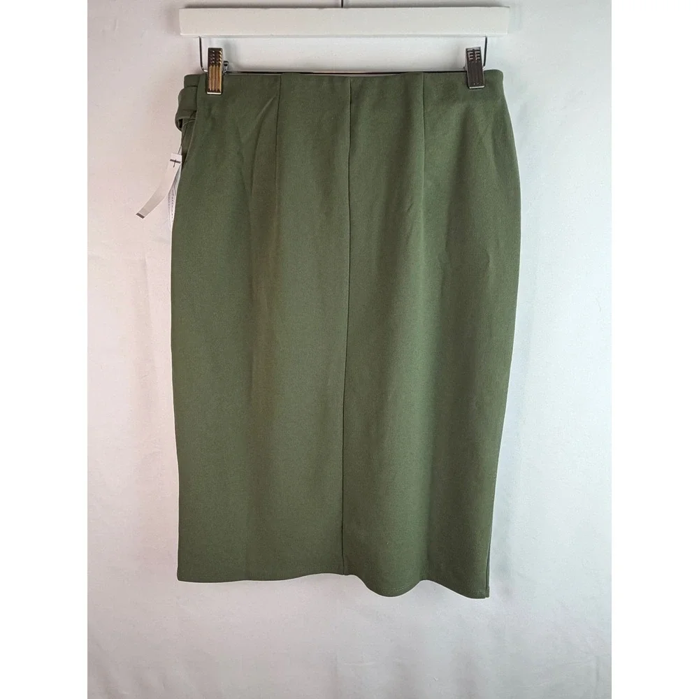 NY Collection Olive Green Petite Slim Belted Scuba Crepe Cargo Skirt Medium Chic